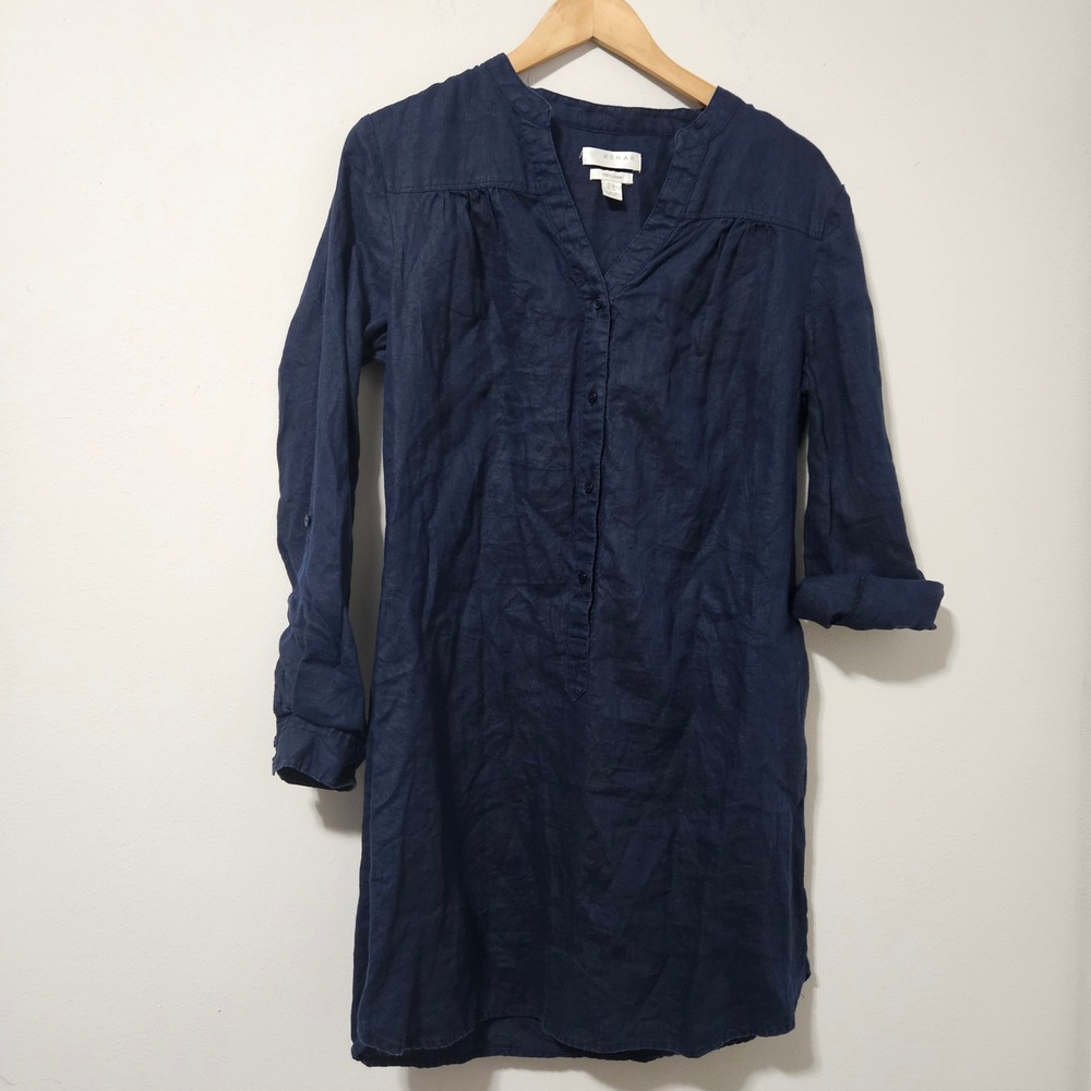 Kenar Navy Blue 100% Linen Roll Tab Sleeve Button Front Shirt Dress Size 12